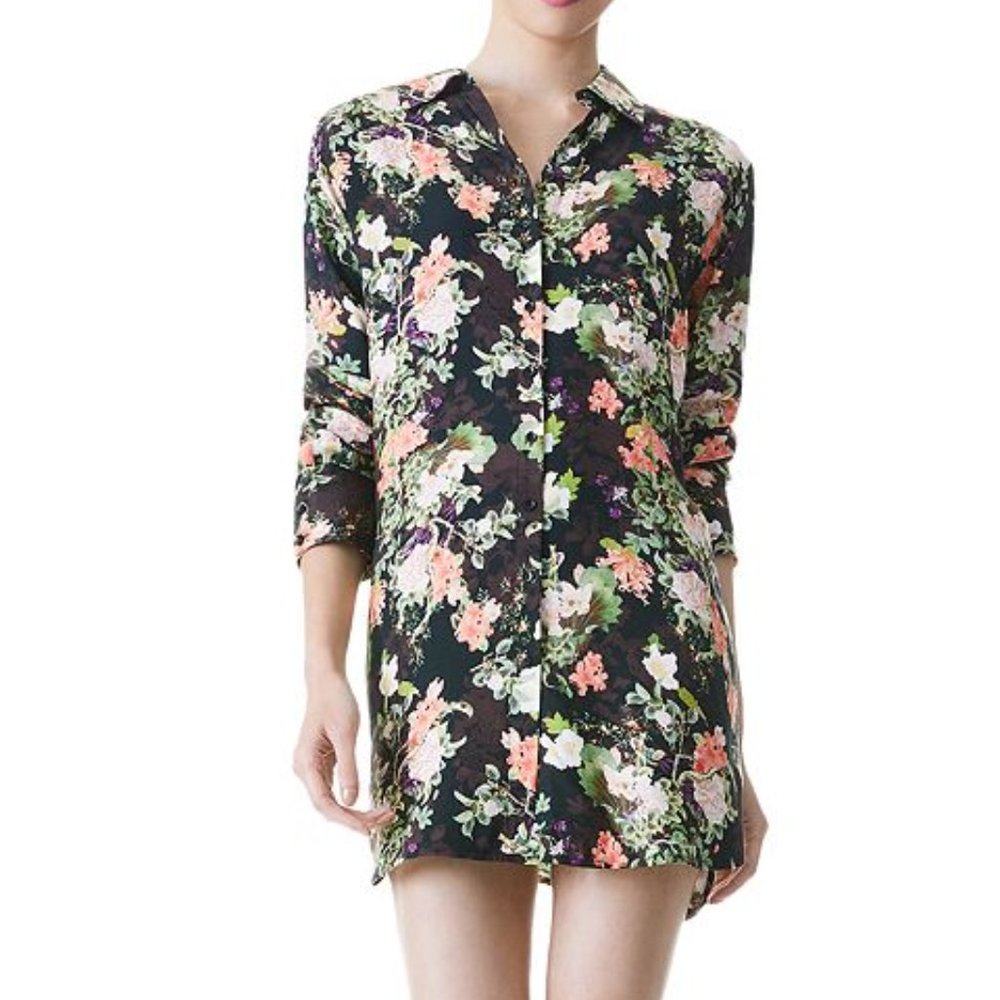 Alice + Olivia Black Floral Shirt Mini Dress with Pink, Peach & Green